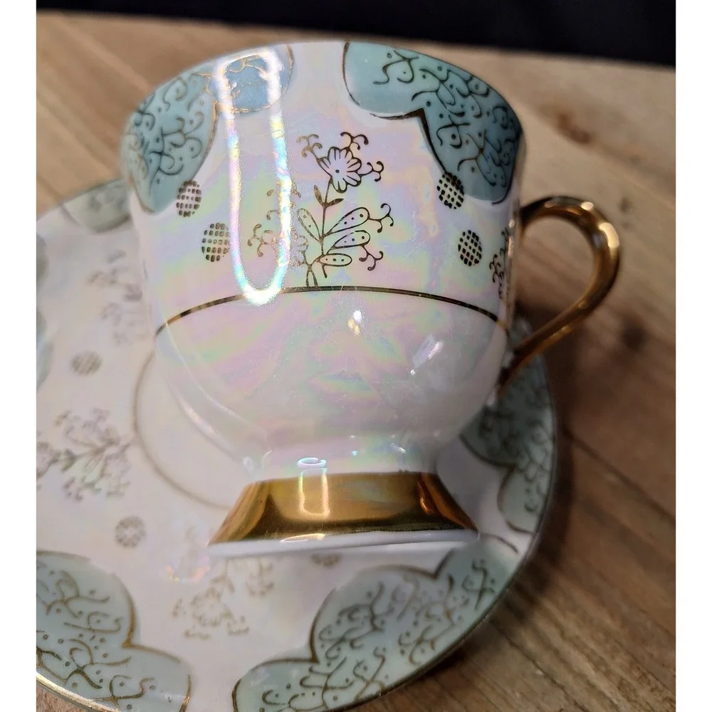 Vintage Made in Japan‎ Lusterware Teacup and Saucer Set Iridescent Gold Floral
